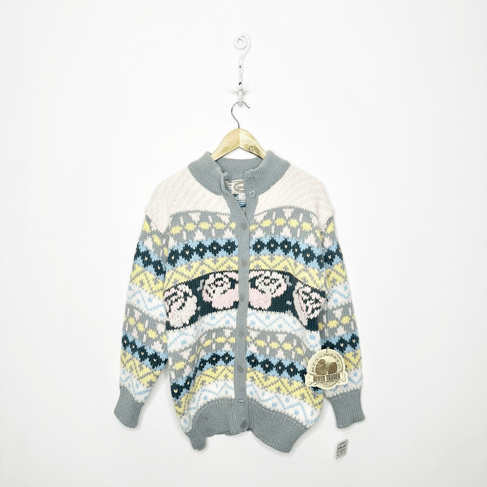 Vintage 90s Pastel Floral Rose Cardigan chunky knit oversized womens M NWT